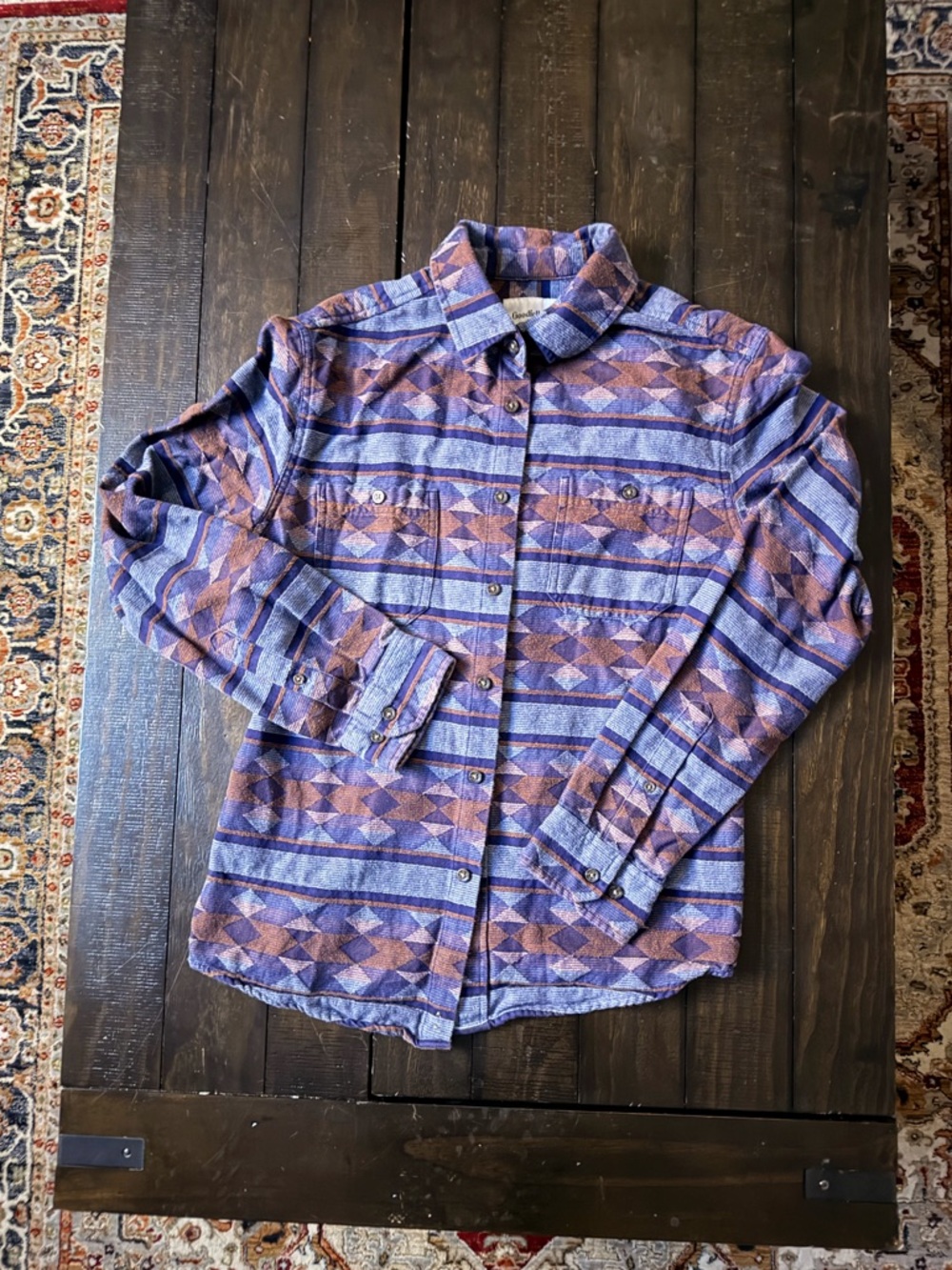 Goodfellow & Co Southwestern Pattern Button Up Shirt Medium Blue Brown Overshirt